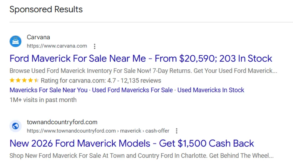 Auto benchmarks 2026 - Google Ad for Maverick.