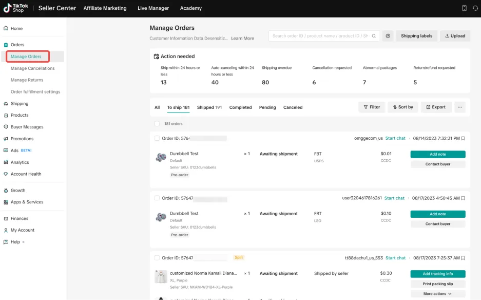 How to sell on TikTok - order fulfillment screen