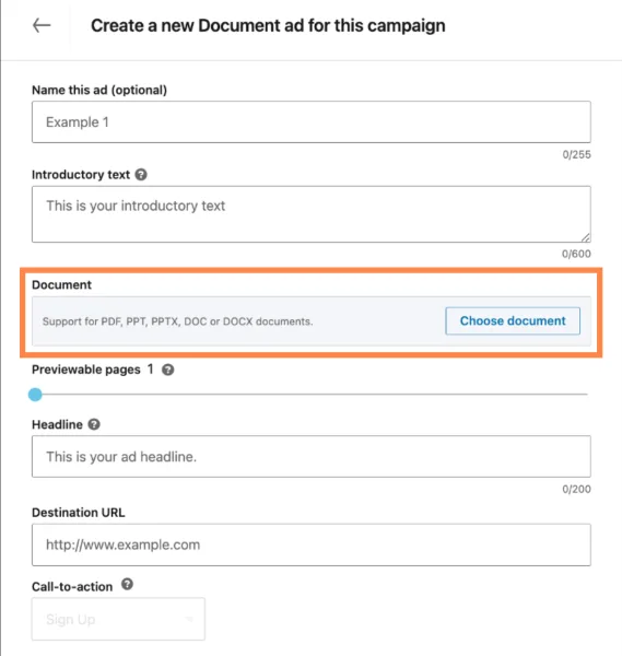 LinkedIn ad examples - an example of a document ad page.