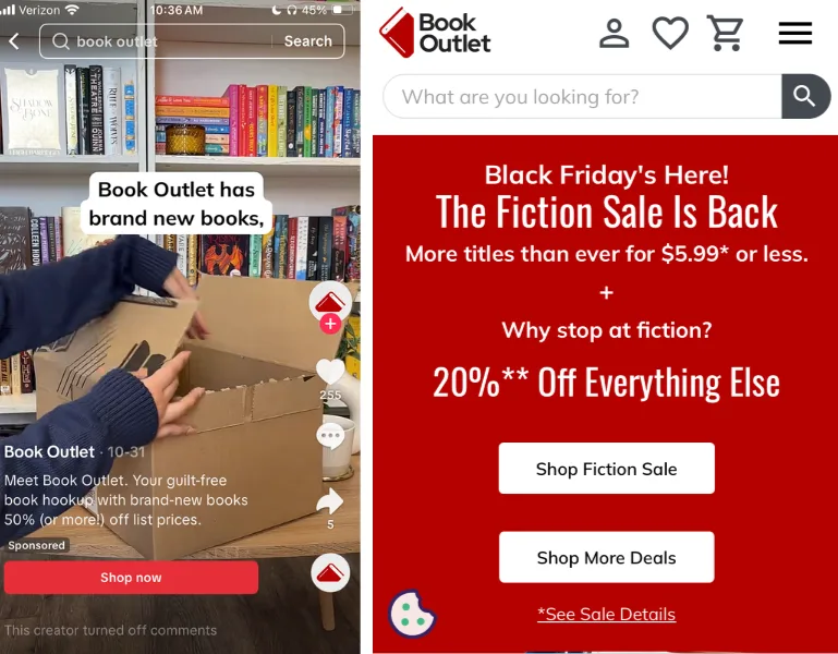 TikTok ad examples - Two ads for a book store.