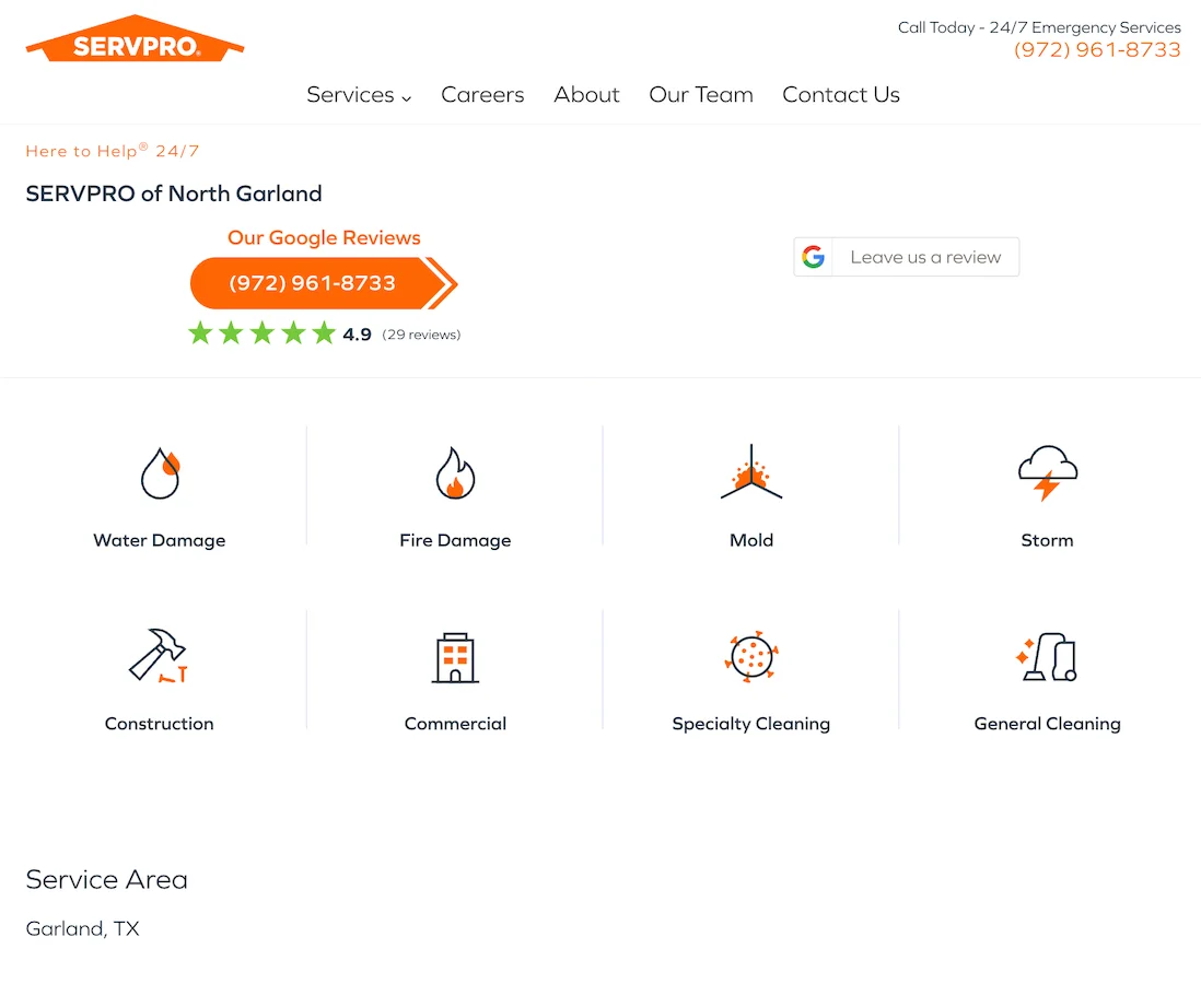 servpro location page example for garland, tx