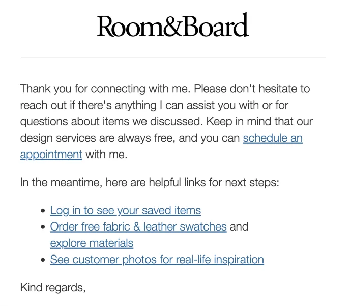 How to follow up on sales calls - room and board page.