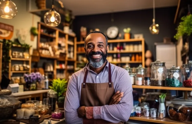 Local marketing - shop keeper stands with arms folded