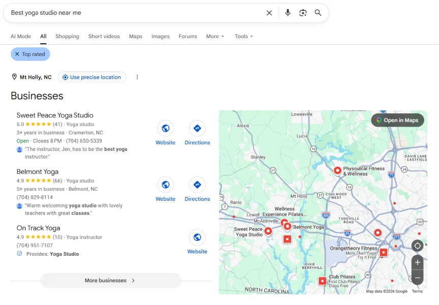 Local marketing - yoga google results.