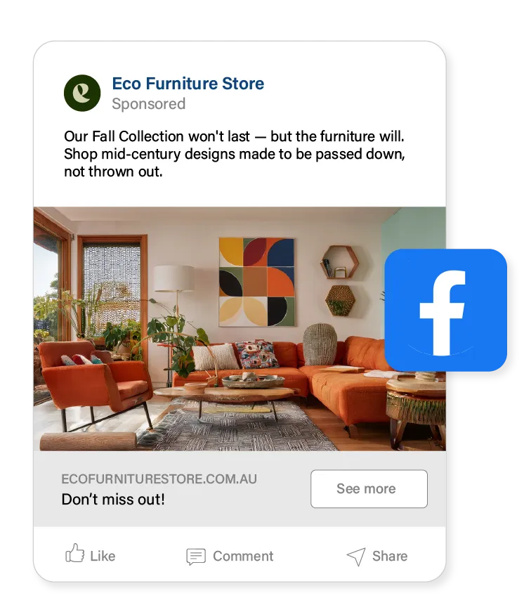 Facebook paid ad for a furniture store showing a promoted post with product image, headline, and call-to-action button