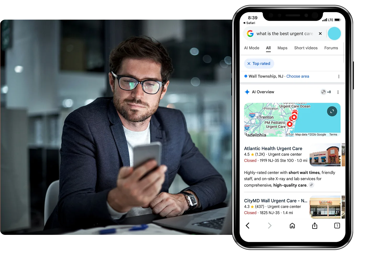 Man looking at phone showing AI overview after search graphic