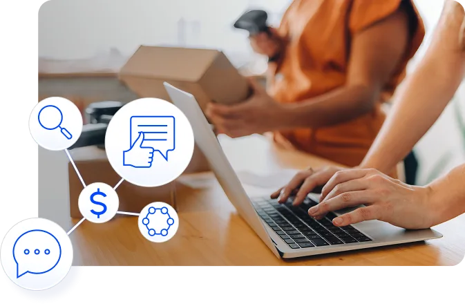 Business workspace with laptop displaying marketing campaign analytics