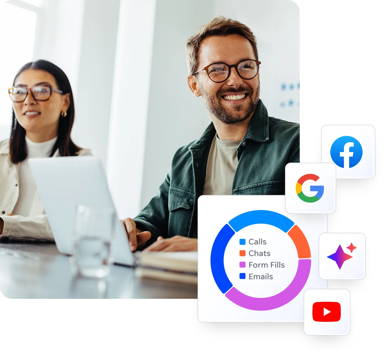 Marketing professional reviewing campaign performance metrics including calls, form submissions, and conversions on a laptop
