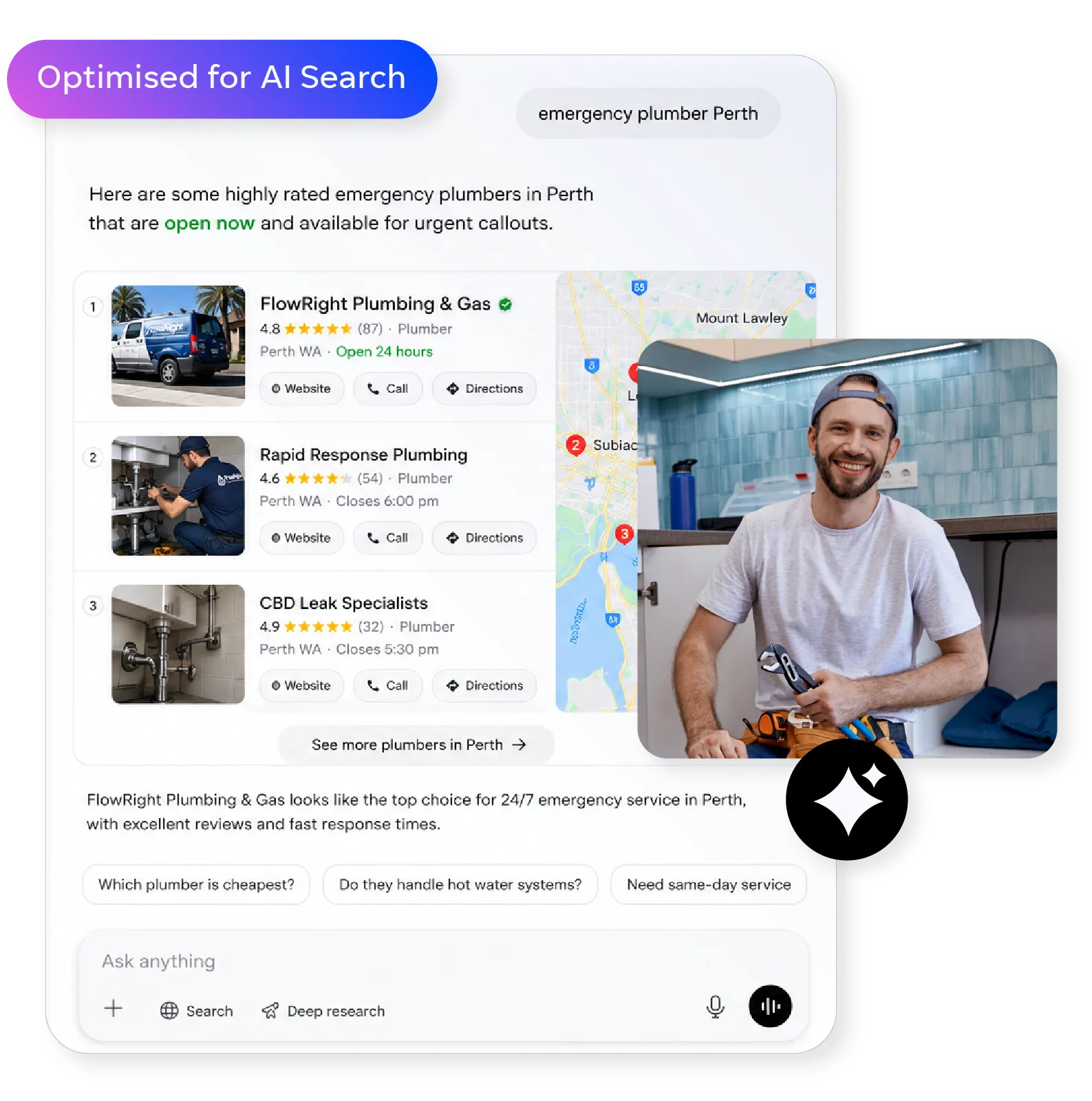 Geo AI Search results showing a Perth plumbing business profile with local map listings and customer reviews