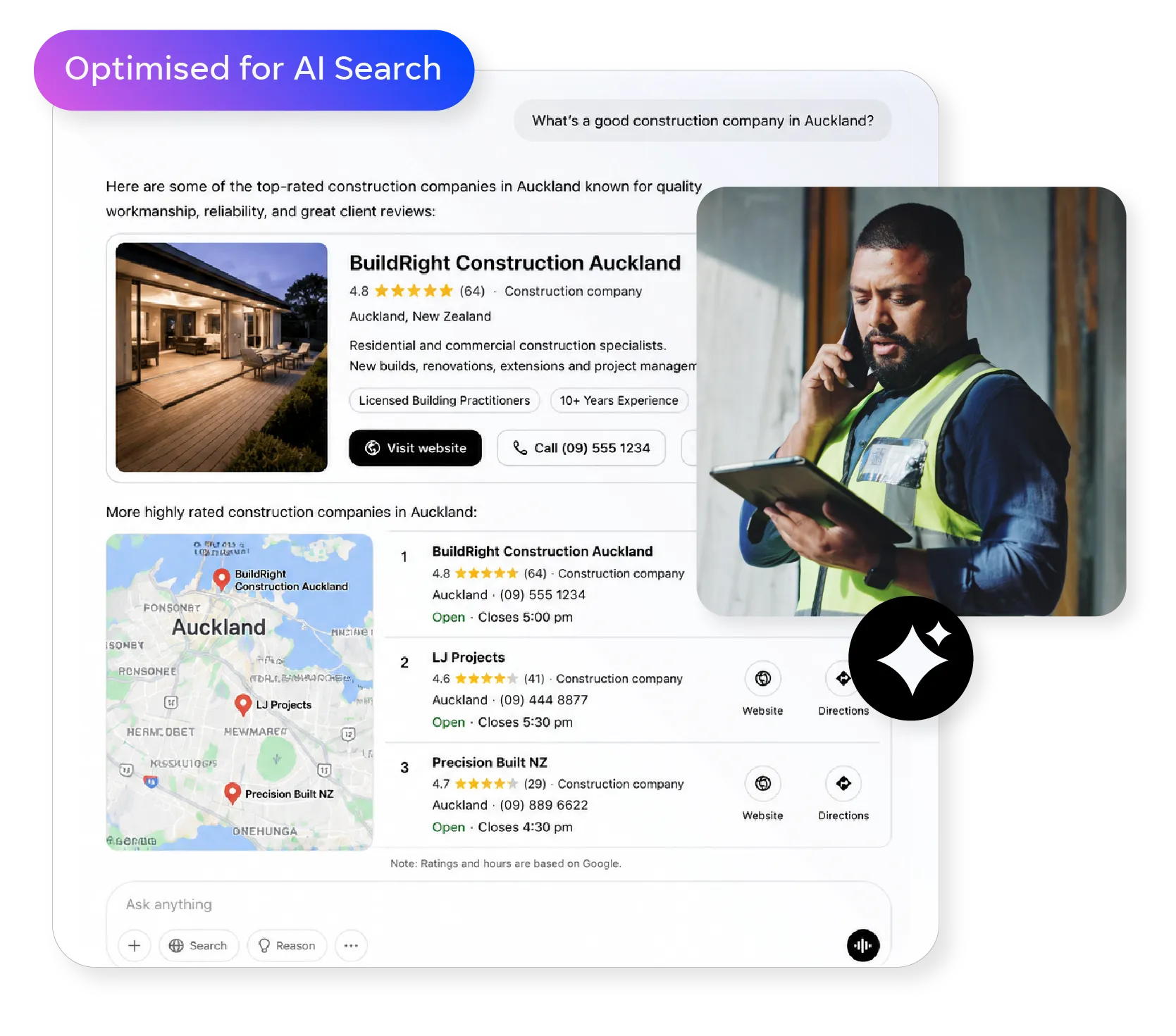 Geo AI Search results showing a Auckland construction business profile with local map listings and customer reviews