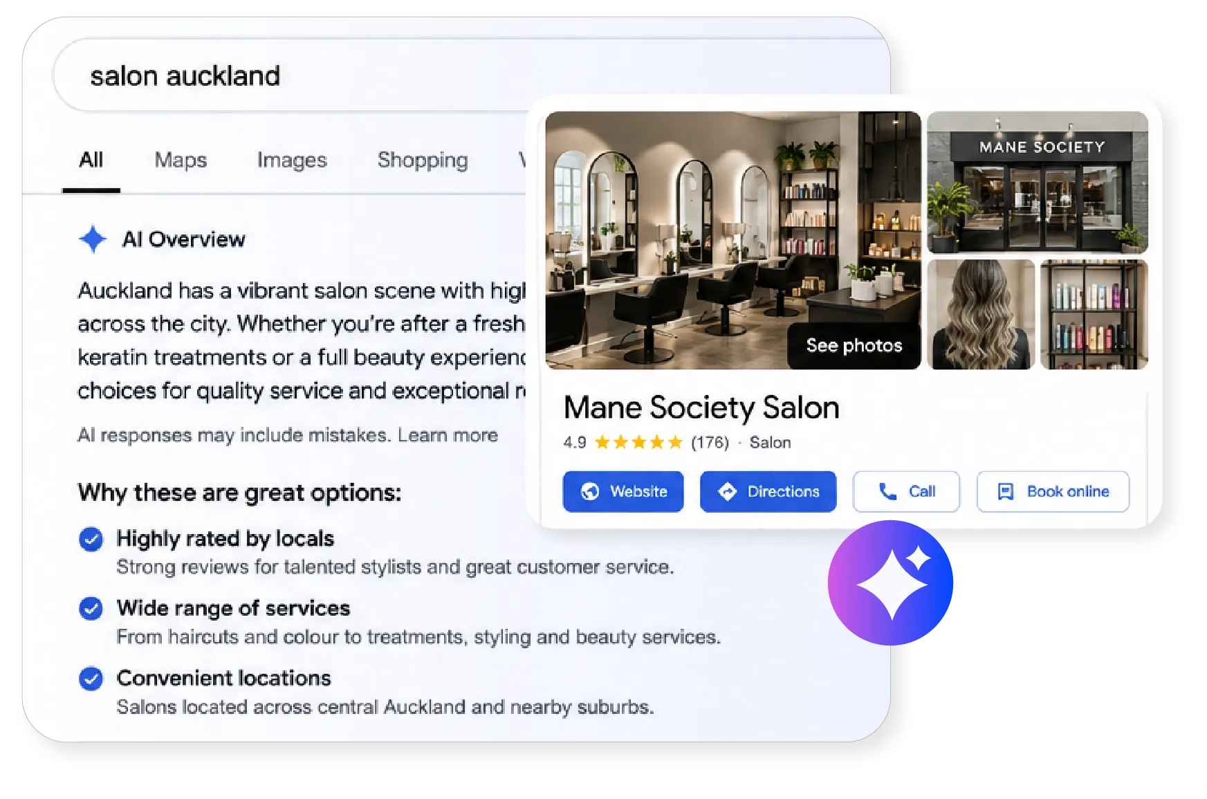 GEO Google AI Search results showing a local map listings in Auckland and customer reviews