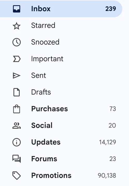 screenshot of email inbox with different inbox numbers
