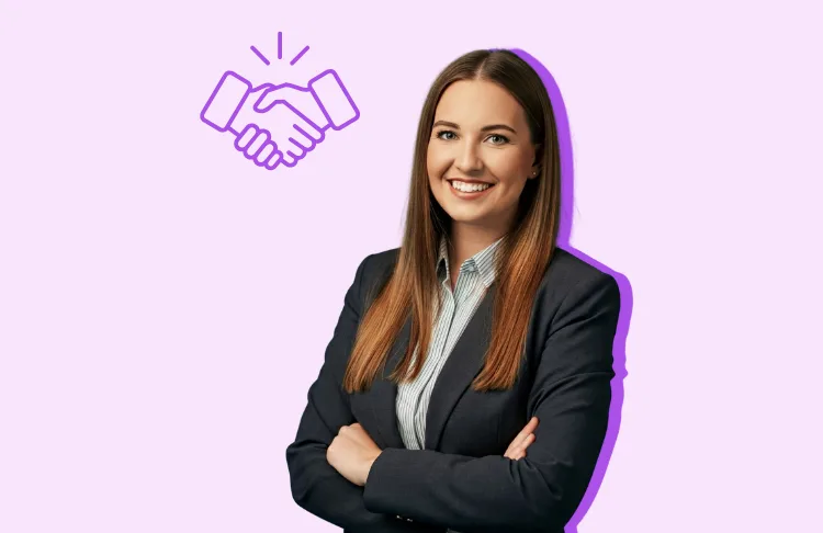 Marketing partner - business woman with a handshake icon.