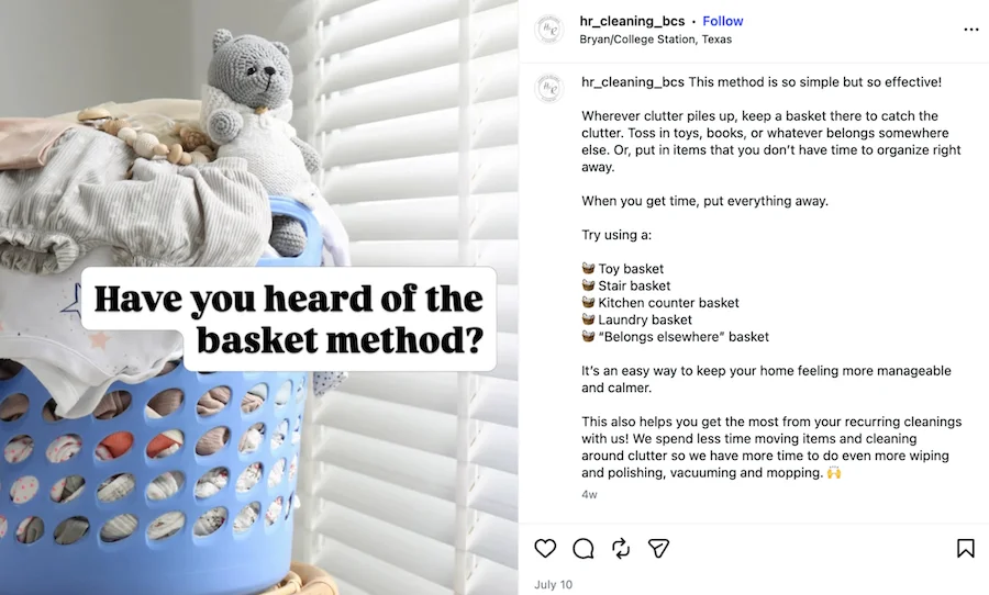 target audience - example of cleaning company instagram post with clear target audience